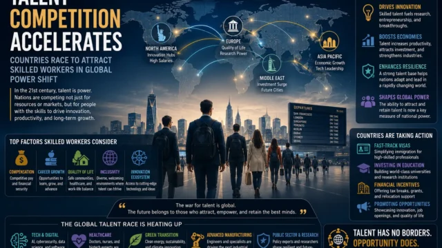 Global competition for skilled workers illustrated with international mobility, major innovation hubs, and countries seeking top talent in a changing world economy.