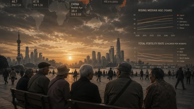 Elderly people sitting in a public square overlooking a modern city skyline at sunset, symbolizing aging populations, demographic change, and the economic challenges facing developed nations.