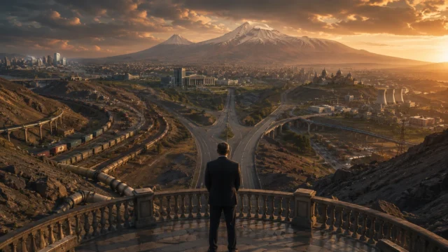 Armenian official overlooking Yerevan at sunset as major transportation corridors, pipelines, railways, and highways converge beneath Mount Ararat, symbolizing Armenia's strategic choices between competing geopolitical spheres.