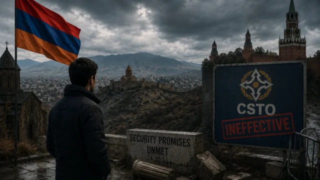 A dramatic geopolitical scene overlooking Armenia, symbolizing declining confidence in traditional security partnerships as regional alliances and strategic calculations evolve.