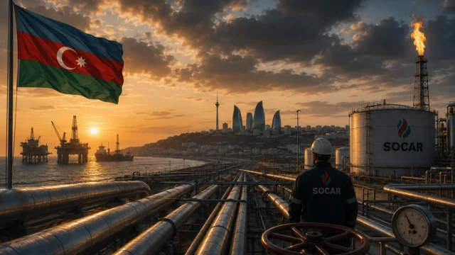 Energy infrastructure in Azerbaijan at sunset, featuring pipelines, offshore oil platforms, gas facilities, and industrial assets that symbolize the country's growing influence as a major energy exporter.