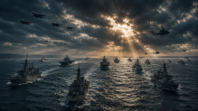 A dramatic naval task force sails across rough Baltic waters beneath storm clouds, while fighter jets and helicopters fly overhead in a large-scale display of military coordination and readiness.