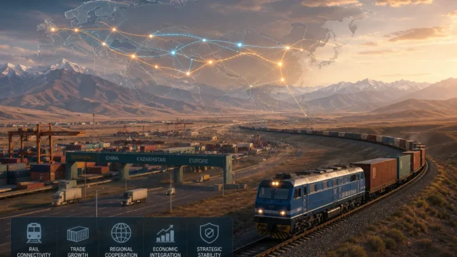 Freight rail corridors crossing Central Asia, connecting Chinese manufacturing hubs with European markets through modern logistics infrastructure and regional trade networks.