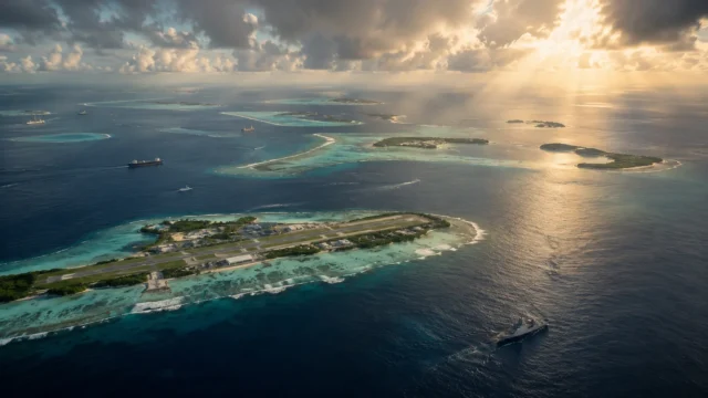 Aerial view of remote tropical atolls in the Indian Ocean featuring strategic air and maritime infrastructure, surrounded by major sea lanes and vast open waters, highlighting the geopolitical importance of the Chagos Archipelago.