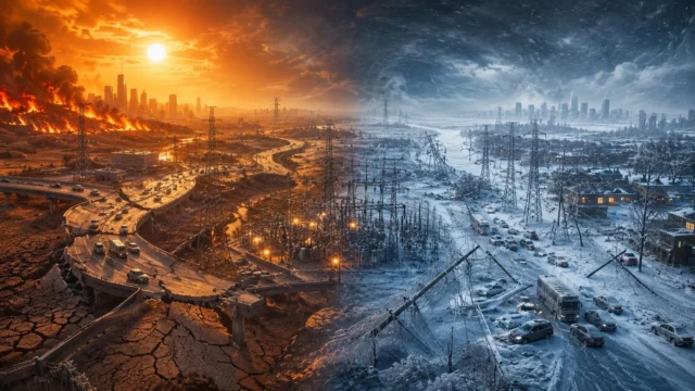 A split cinematic landscape showing climate extremes on both sides of a critical infrastructure network. On the left, an intense heatwave causes wildfires, cracked ground, and damaged highways near a modern city under a blazing sky. On the right, a severe winter storm blankets a city in snow, with collapsed power lines, traffic disruptions, and widespread outages. At the center, a large electrical grid symbolizes the growing pressure on essential infrastructure systems.