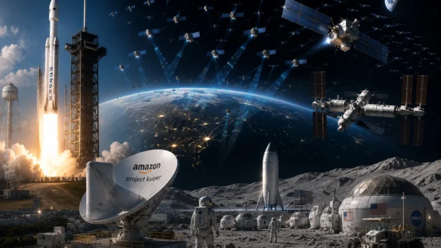 A commercial rocket launches into orbit as hundreds of satellites form a dense communications network around Earth, while a space station and a futuristic lunar settlement illustrate the rapid expansion of commercial and government space activities.