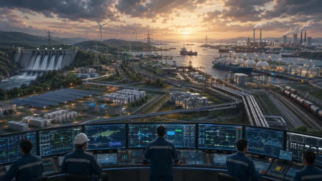 Engineers oversee a modern energy network linking power grids, pipelines, ports, renewable energy facilities, and storage infrastructure, illustrating the critical systems that support long-term energy resilience and reliability.
