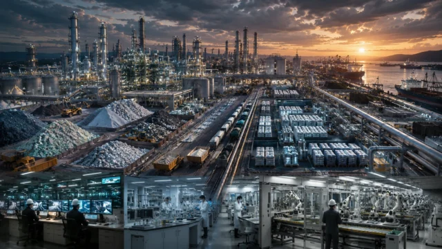 A large-scale critical minerals refining complex transforms raw lithium and rare earth ores into advanced industrial materials through chemical processing, automated manufacturing, and global logistics networks.