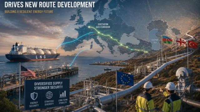 European energy infrastructure featuring LNG terminals, gas pipelines, and international supply routes illustrating efforts to diversify energy sources and strengthen long-term energy security.