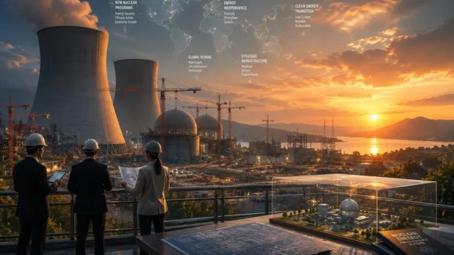 Engineers overlooking the construction and expansion of modern nuclear power facilities at sunset, symbolizing renewed investment in nuclear energy as nations pursue energy security, low-carbon power, and long-term infrastructure resilience.