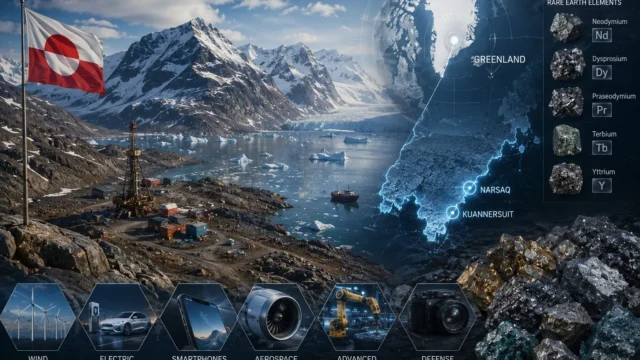 Greenland's Arctic landscape with rare earth mineral deposits, mining infrastructure, and strategic resources critical to advanced technology and clean energy industries.