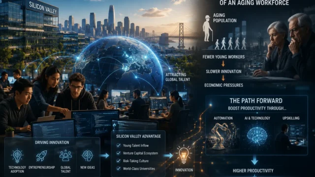 Technology professionals, innovation hubs, and global talent networks illustrating the relationship between workforce demographics, productivity growth, and technological competitiveness.