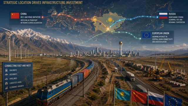 Kazakhstan's transportation infrastructure, rail corridors, highways, and logistics networks connecting China, Russia, and Europe across the Eurasian continent.