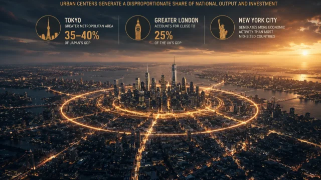 A dramatic aerial view of a vast modern megacity at sunset, with illuminated transportation and economic networks converging around a dense urban core that symbolizes the concentration of wealth, investment, and economic activity.
