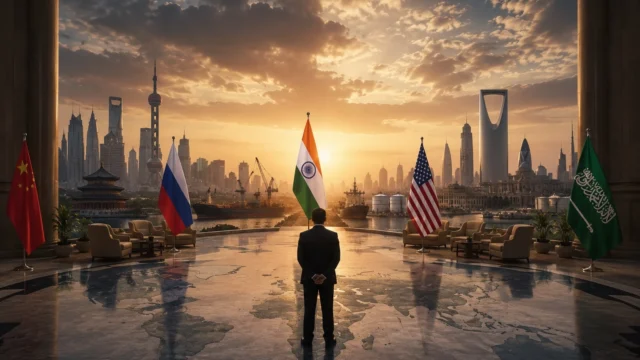 A statesman stands in a grand diplomatic hall overlooking a futuristic global skyline at sunset, surrounded by symbols of major world powers and international trade hubs, representing the growing influence of middle powers pursuing independent foreign policies in an increasingly multipolar world.