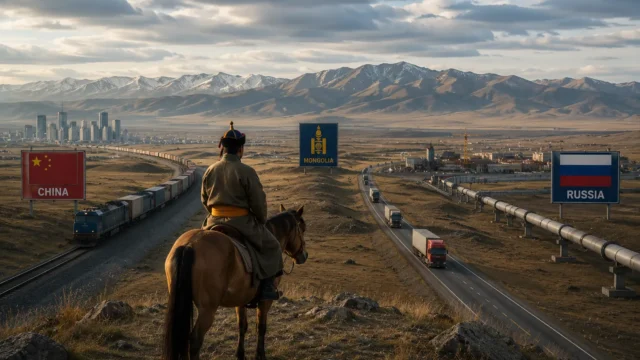 A Mongolian rider overlooking transportation corridors, energy infrastructure, and trade routes stretching between neighboring powers, symbolizing Mongolia's strategic position between larger geopolitical forces.
