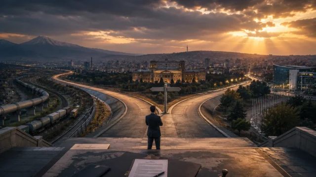 A lone decision-maker standing at a strategic crossroads overlooking a modern city, transportation corridors, and diplomatic institutions, symbolizing a nation's choice between competing geopolitical paths.