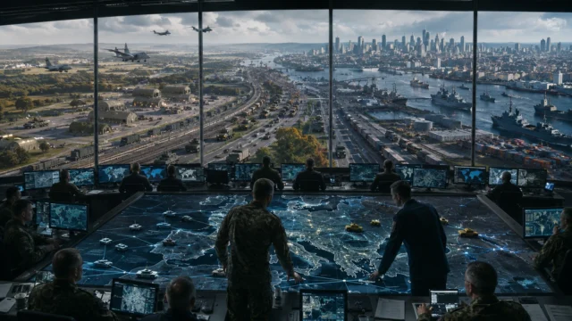 Military planners and defense officials monitor a large digital map of Europe from a high-tech command center overlooking transportation corridors, ports, airbases, and logistics networks, illustrating NATO's shift toward long-term readiness and strategic deterrence.