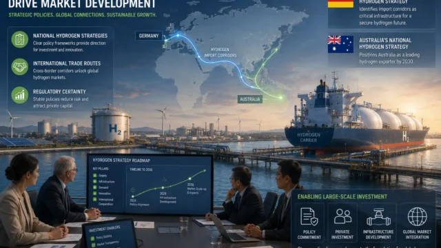 Hydrogen export infrastructure, international trade corridors, and government policy initiatives supporting the development of a global hydrogen market and clean energy supply chains.
