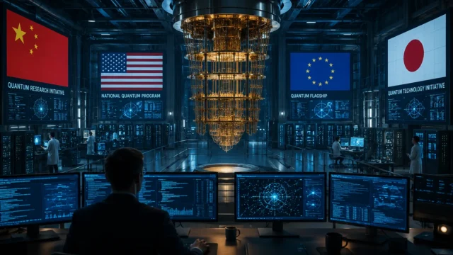 A large-scale quantum computing facility featuring an advanced quantum processor surrounded by researchers, servers, and control systems, symbolizing the global competition for leadership in next-generation computing technologies.