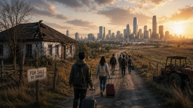 Young adults leaving a declining rural community and walking toward a distant modern city skyline, symbolizing migration driven by education, employment opportunities, and urban economic growth.