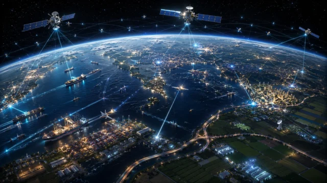 A network of satellites orbits Earth above illuminated cities, shipping lanes, ports, aircraft routes, and agricultural regions, highlighting the global infrastructure that enables navigation, communications, and economic activity.