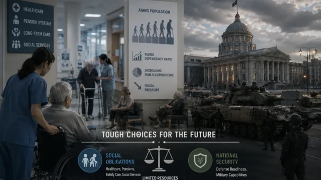 An aging population increasing demand for healthcare and social services while governments balance public spending priorities, fiscal pressures, and national security commitments.