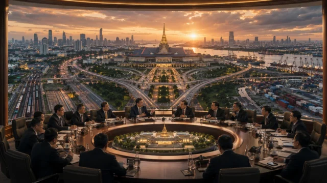 Political leaders gather around a negotiation table overlooking Bangkok's parliament, transportation networks, ports, and financial districts, symbolizing coalition management and the challenge of maintaining political stability.