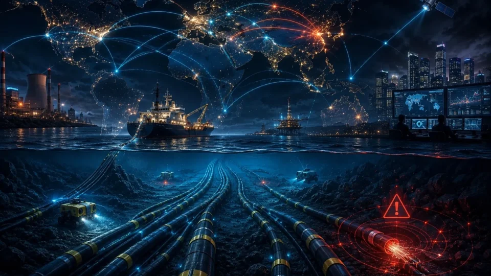 Global undersea fiber-optic cables connecting continents and powering digital communications, highlighting the strategic importance of critical internet infrastructure.