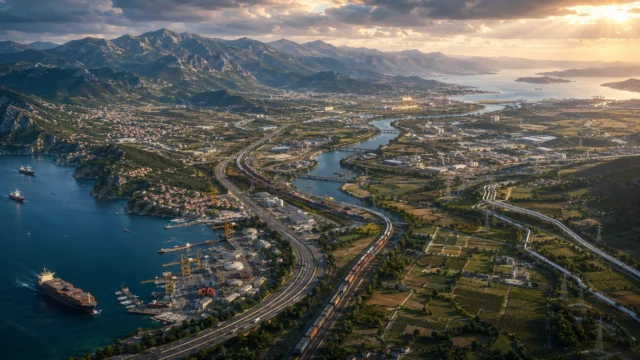 Balkans showing rugged mountain ranges, Adriatic coastline, modern ports, freight railways, highways, river corridors, and energy infrastructure, illustrating the region's strategic role as the geographic crossroads connecting Central Europe, the Mediterranean, and the Black Sea.