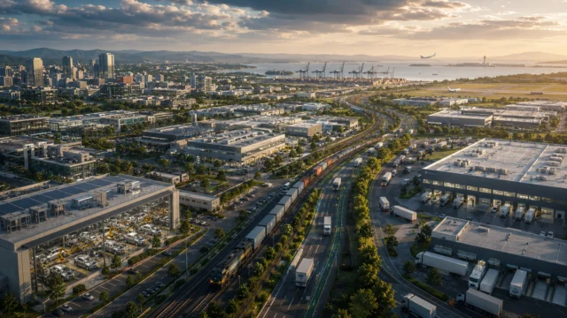 Nearshoring manufacturing ecosystem showing advanced factories, regional distribution centers, freight rail, highways, warehouses, and a nearby consumer market connected by efficient transportation infrastructure, illustrating how companies relocate production closer to end markets to improve supply chain resilience and responsiveness.