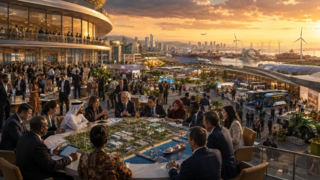 International delegates, investors, government representatives, and business leaders from emerging economies collaborate at a modern economic forum, reviewing infrastructure development models and investment projects within a contemporary convention district overlooking a global trade port. The scene illustrates expanding South-South cooperation across Asia, Africa, Latin America, and the Middle East through diplomacy, investment, technology exchange, and regional economic partnerships.