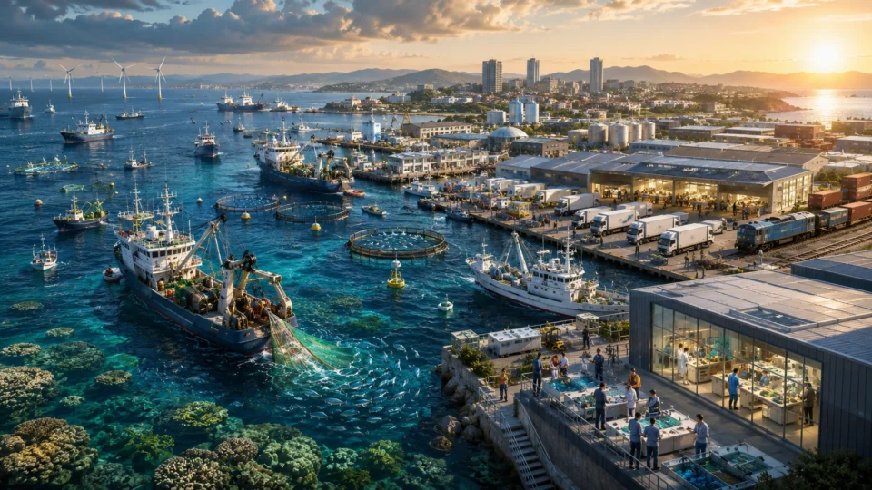 Modern commercial fishing vessels, marine research laboratories, aquaculture facilities, seafood processing centers, and cold-chain logistics infrastructure operate together along a productive coastal harbor, illustrating how sustainable fisheries support food security, economic resilience, and the strategic management of marine resources.