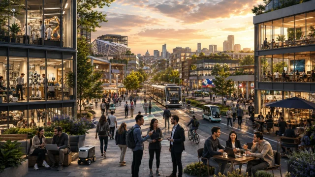 treet-level view of a modern innovation district where engineers, researchers, entrepreneurs, investors, and technology professionals collaborate across startup offices, research laboratories, cafés, universities, and innovation campuses, illustrating how the concentration of talent, capital, and ideas drives urban economic productivity.