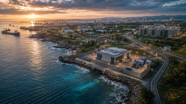 A secure submarine cable landing station sits on a rocky coastline where multiple undersea fiber-optic cables emerge from the ocean and connect to national telecommunications infrastructure. Inland fiber corridors extend toward substations, data infrastructure, and an urban skyline, while commercial ships and a nearby container port illustrate how this modest coastal facility serves as a critical gateway linking global submarine cable systems to domestic communication networks.
