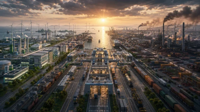 Clean manufacturing facilities powered by renewable energy, wind farms, and advanced industrial plants occupy one side, while traditional carbon-intensive factories with smokestacks occupy the other. At the center, a sophisticated customs and logistics gateway processes cargo moving through container terminals, railways, and shipping lanes, symbolizing how climate policy increasingly shapes international trade.