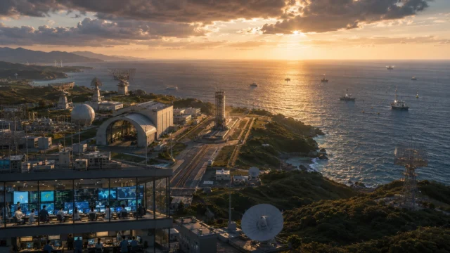 A modern coastal missile testing and aerospace research complex overlooking the Pacific Ocean, featuring radar installations, telemetry facilities, mission control centers, tracking infrastructure, and observation vessels, illustrating the strategic capability behind a rare long-range intercontinental ballistic missile test.