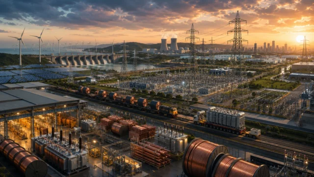 Massive electricity transmission infrastructure connects renewable energy sources, substations, and urban power systems, while copper cables, transformers, and high-voltage equipment manufactured in the foreground illustrate copper's essential role in modern grid expansion and global electrification.