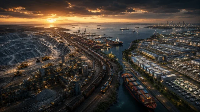 Panoramic view of a global critical mineral supply chain, showing a large open-pit cobalt mine connected by rail and port infrastructure to advanced refining facilities, battery manufacturing plants, and export terminals, illustrating the strategic dependence of modern industries on a concentrated resource base.