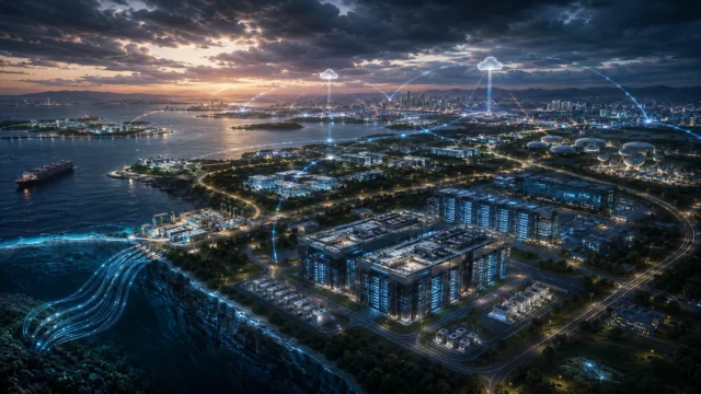A network of sovereign cloud data centers, secure communications infrastructure, internet exchange facilities, and undersea fiber-optic cable connections illustrates how countries are strengthening control over critical digital infrastructure and cross-border data flows.