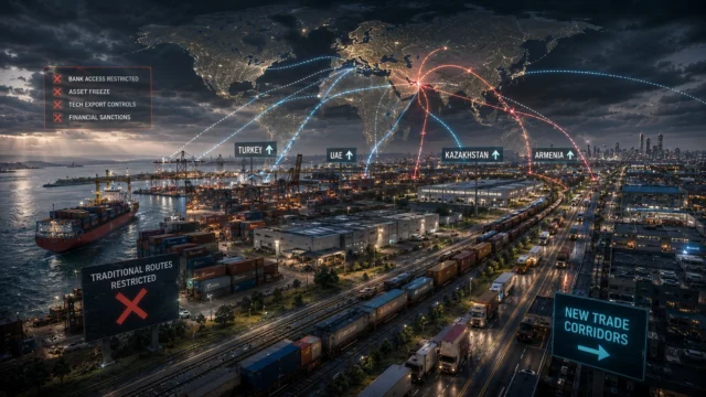 Panoramic view of global trade infrastructure showing container ports, freight rail corridors, logistics hubs, and maritime shipping routes, illustrating how international commerce adapts by rerouting through alternative corridors amid economic restrictions and sanctions.
