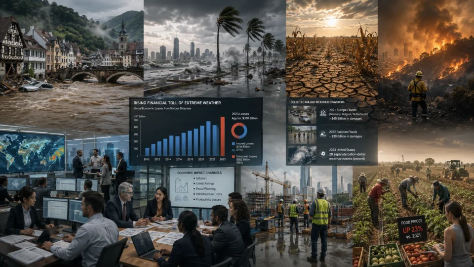 Composite illustration of the economic impact of extreme weather, featuring catastrophic floods, hurricanes, drought, wildfires, climate monitoring centers, infrastructure projects, agricultural losses, and financial decision-makers assessing the growing costs of climate-related disasters.