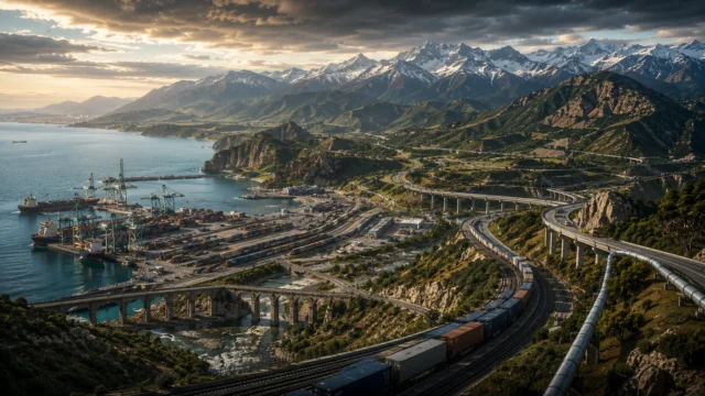 Panoramic view of Georgia's strategic transport corridor connecting the Black Sea with the Caucasus and Central Asia, featuring a modern deep-water port, freight railways, highways, pipelines, and dramatic snow-capped mountain ranges under a cinematic sky.