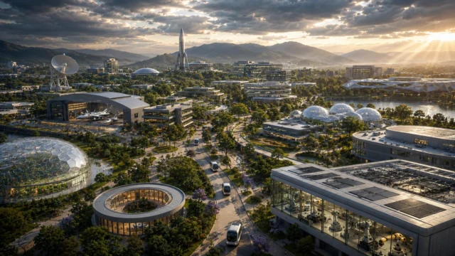 A panoramic innovation ecosystem featuring advanced research campuses, biotechnology laboratories, semiconductor R&D centers, aerospace engineering facilities, AI institutes, and modern universities surrounded by green landscapes, connected by sustainable transport networks under dramatic evening skies.