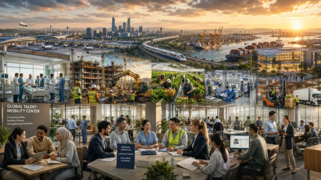 International workforce mobility supporting labor markets through skilled migration corridors, featuring healthcare professionals, engineers, construction workers, logistics personnel, researchers, agricultural workers, modern transportation infrastructure, and global industries collaborating in a thriving economic ecosystem.