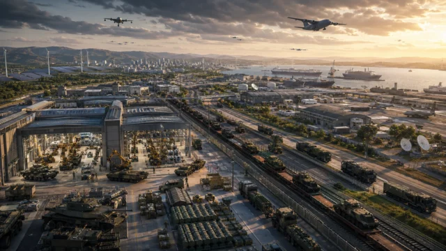 Modern European defense industrial base featuring advanced military manufacturing plants, logistics rail corridors transporting armored vehicles, strategic airlift aircraft, naval logistics ports, research facilities, and military support infrastructure, illustrating NATO's long-term expansion in defense investment and alliance readiness.