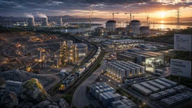 An open-pit uranium mine and processing facilities connect by freight rail to uranium fuel fabrication plants and multiple nuclear power stations, including several reactors under construction. High-voltage transmission lines extend across the landscape toward growing urban and industrial regions, emphasizing rising global uranium demand driven by long-term nuclear energy expansion.