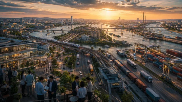 Business professionals overlook Belgrade's riverfront where the Danube and Sava rivers, bridges, logistics terminals, rail corridors, and commercial districts illustrate Serbia's strategic role as a connector between European and Eurasian markets.