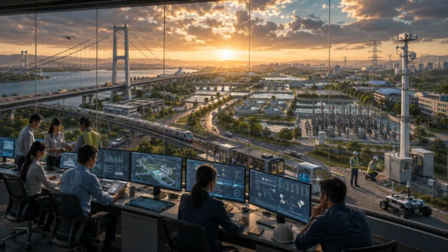 Engineers and infrastructure specialists monitor a modern operations center overlooking a connected metropolitan landscape, where bridges, rail networks, substations, water treatment facilities, and sensor-equipped public infrastructure are continuously managed through real-time monitoring and predictive maintenance systems.