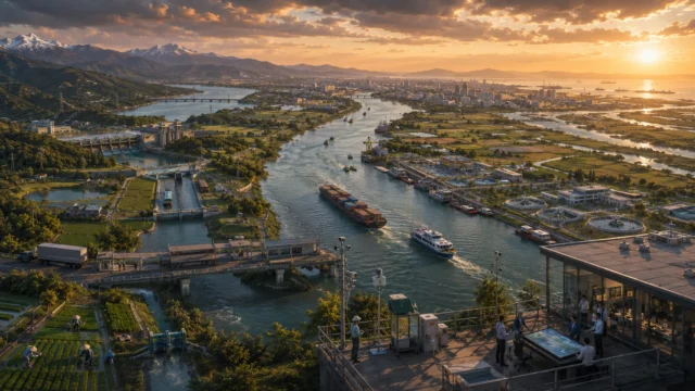 A transboundary river basin flowing from mountain headwaters through farmland, dams, river ports, and modern cities, illustrating how shared freshwater resources connect multiple countries through trade, agriculture, infrastructure, and long-term water cooperation.